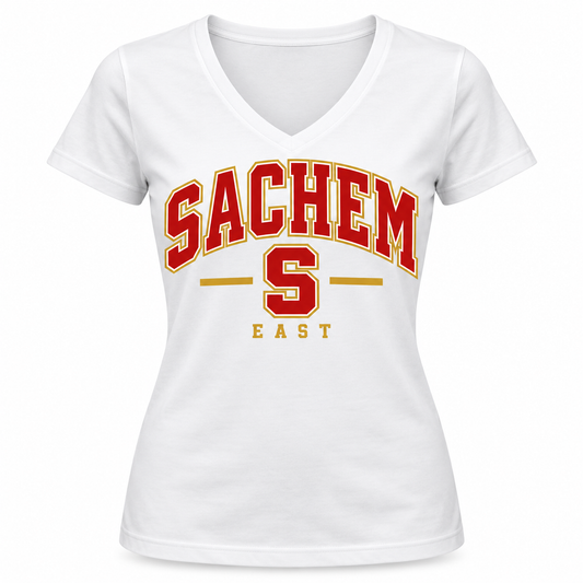 Sachem East Heritage S Women's V-Neck Tee in White with collegiate lettering