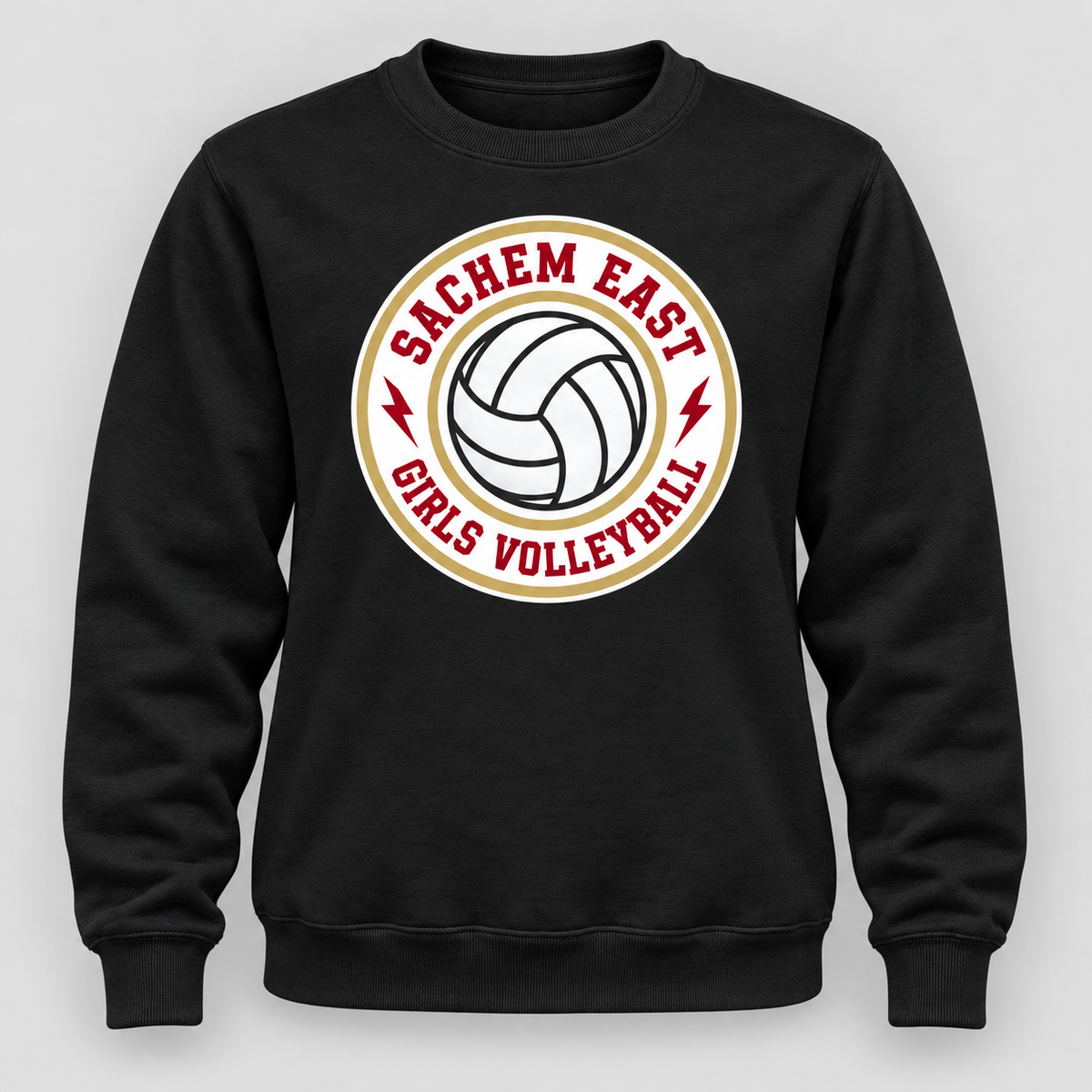 Sachem East Girls Volleyball Ace Club Crewneck Sweatshirt in Black, front view showing the center-front volleyball print