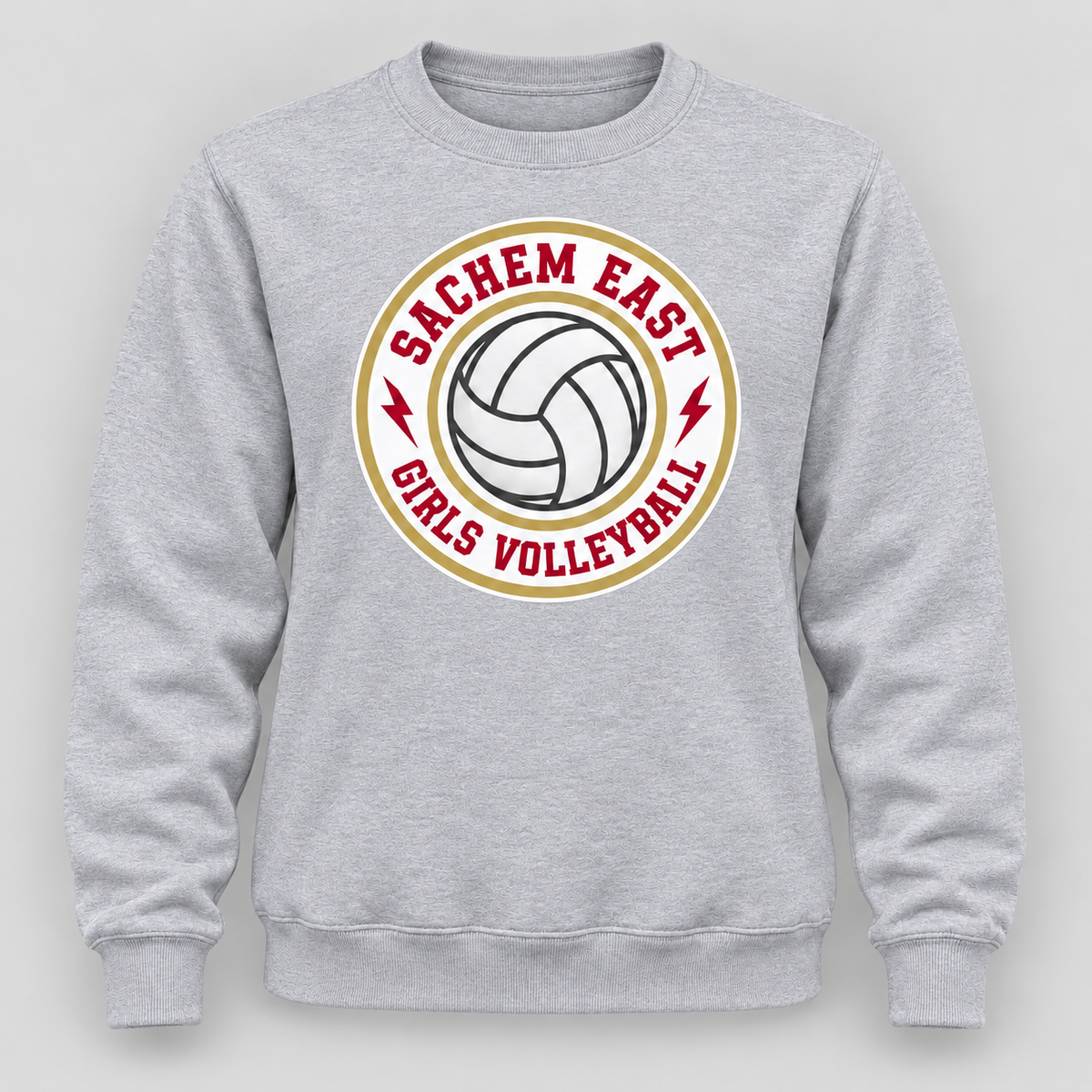 Sachem East Girls Volleyball Ace Club Crewneck Sweatshirt in Heather Gray, front view showing the center-front volleyball print