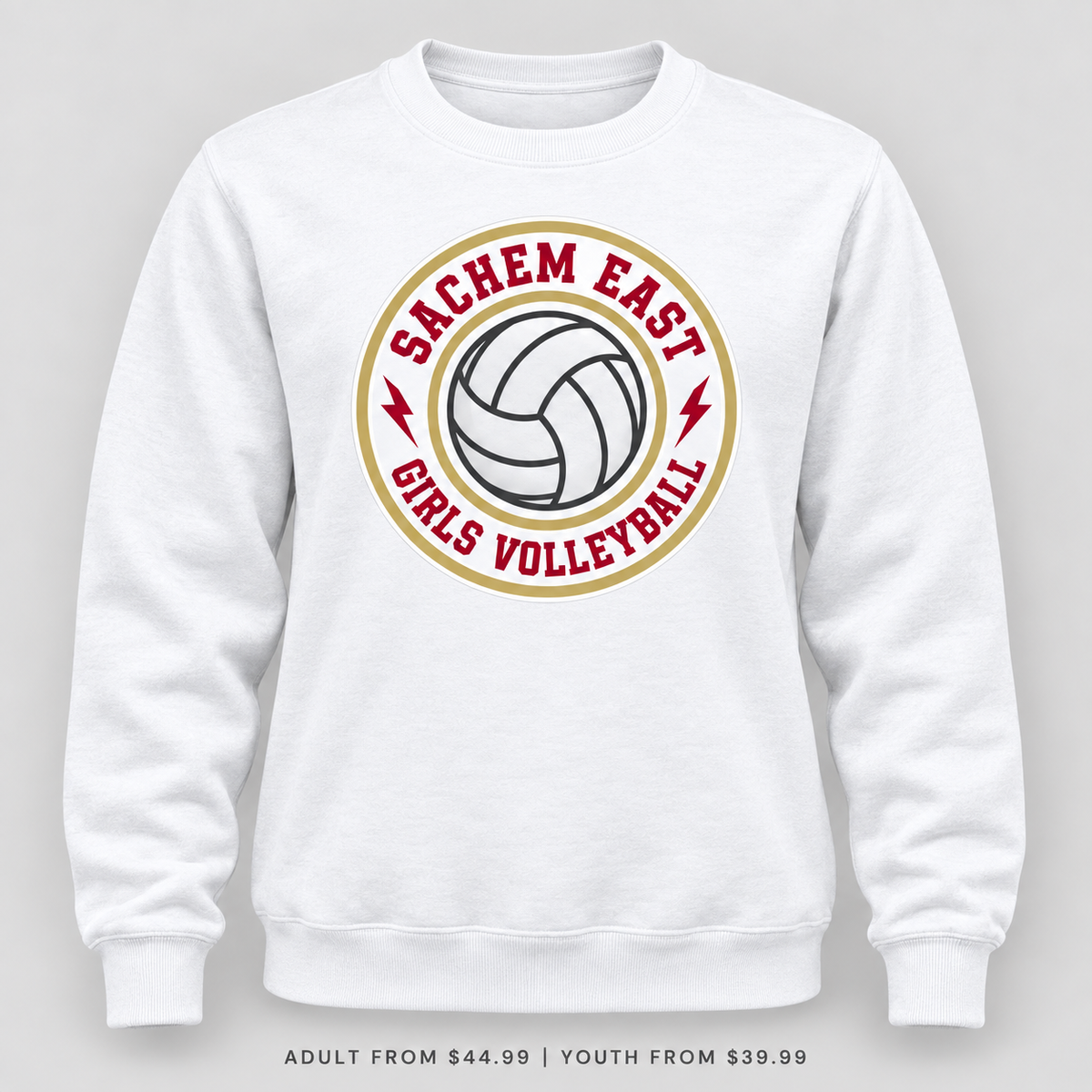 Sachem East Girls Volleyball Ace Club Crewneck Sweatshirt in White, front view showing the red-and-gold center-front print