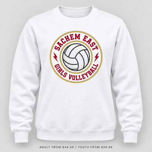 Sachem East Girls Volleyball Ace Club Crewneck Sweatshirt in White, front view showing the red-and-gold center-front print