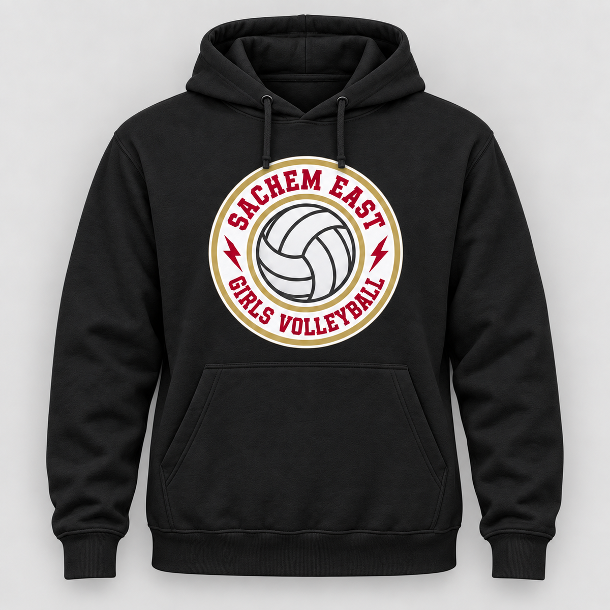 Sachem East Girls Volleyball Ace Club Pullover Hoodie in Black, front view showing the center-front volleyball print