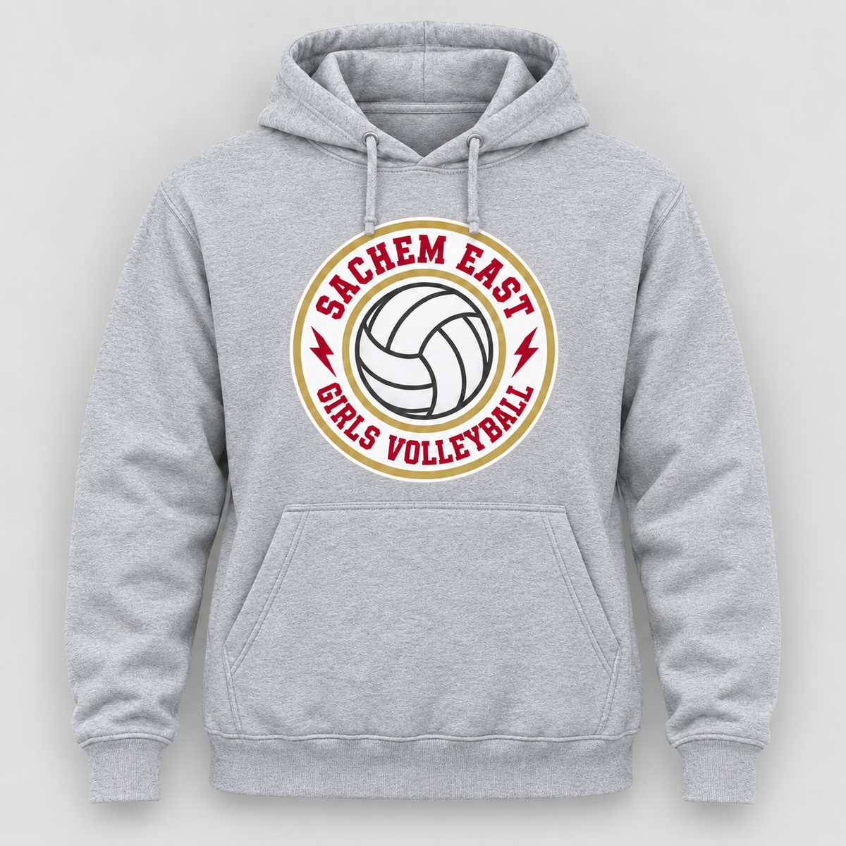 Sachem East Girls Volleyball Ace Club Pullover Hoodie in Heather Gray, front view showing the center-front volleyball print