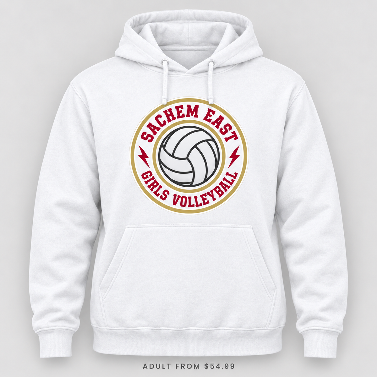 Sachem East Girls Volleyball Ace Club Pullover Hoodie in White, front view showing the red-and-gold center-front print