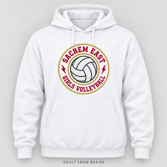 Sachem East Girls Volleyball Ace Club Pullover Hoodie in White, front view showing the red-and-gold center-front print