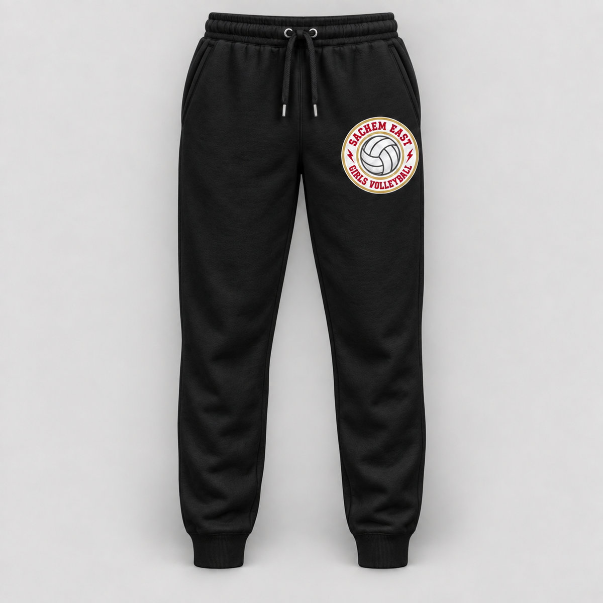 Sachem East Girls Volleyball Ace Club Joggers in Black, front view showing the left-thigh volleyball print