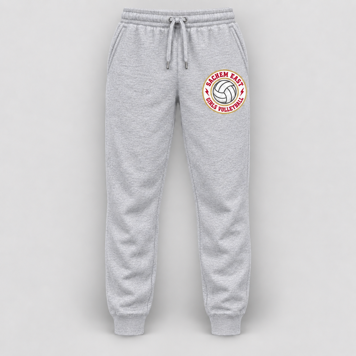 Sachem East Girls Volleyball Ace Club Joggers in Heather Gray, front view showing the left-thigh volleyball print