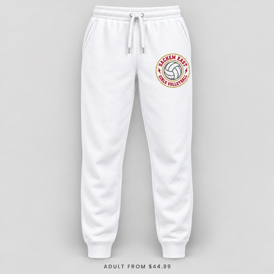 Sachem East Girls Volleyball Ace Club Joggers in White, front view showing the red-and-gold left-thigh print