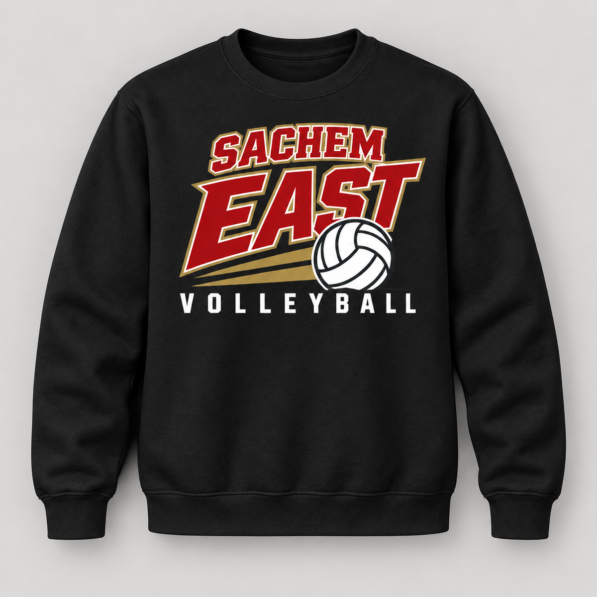 Sachem East Volleyball Court Club Crewneck Sweatshirt in Black, front view showing the center-front volleyball print