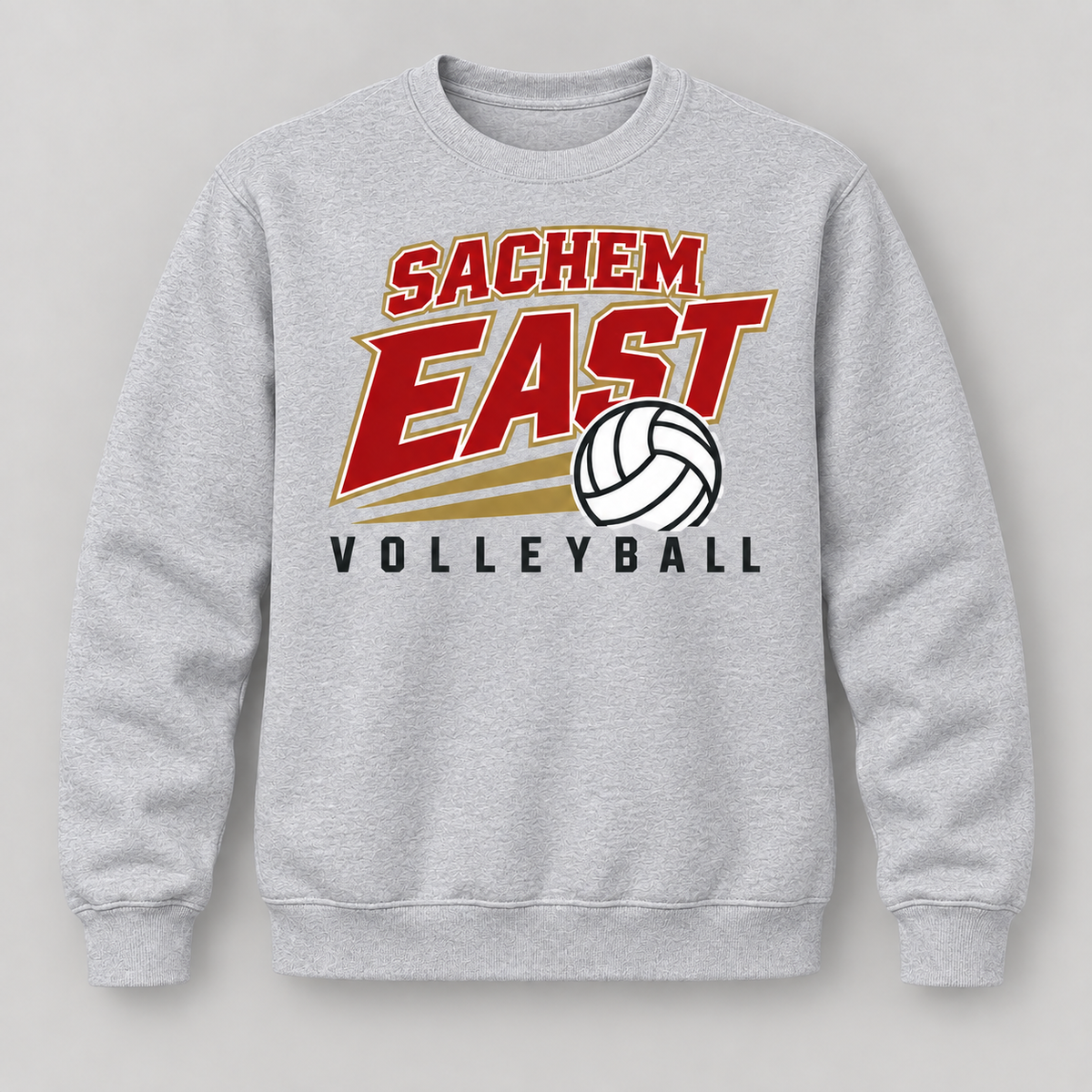 Sachem East Volleyball Court Club Crewneck Sweatshirt in Heather Gray, front view showing the center-front volleyball print