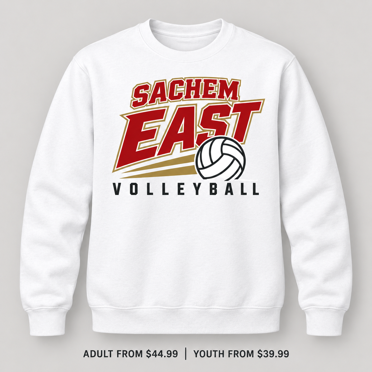 Sachem East Volleyball Court Club Crewneck Sweatshirt in White, front view showing the red-and-gold center-front print