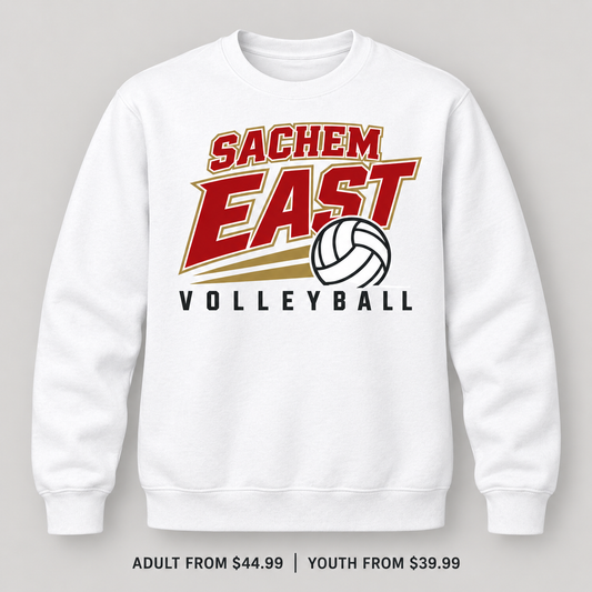 Sachem East Volleyball Court Club Crewneck Sweatshirt in White, front view showing the red-and-gold center-front print