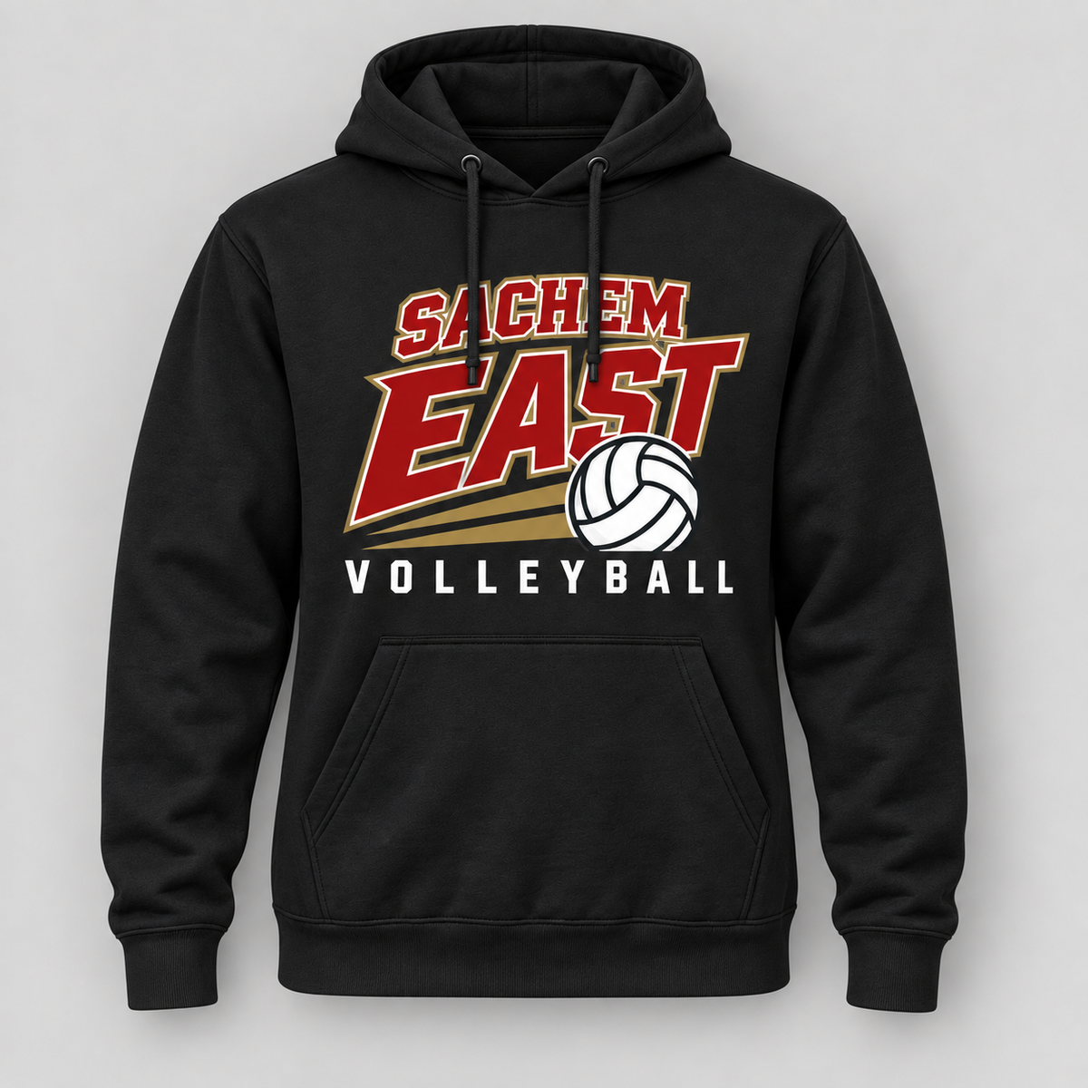 Sachem East Volleyball Court Club Pullover Hoodie in Black, front view showing the center-front volleyball print