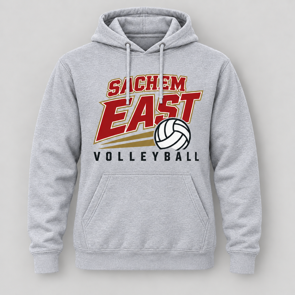 Sachem East Volleyball Court Club Pullover Hoodie in Heather Gray, front view showing the center-front volleyball print