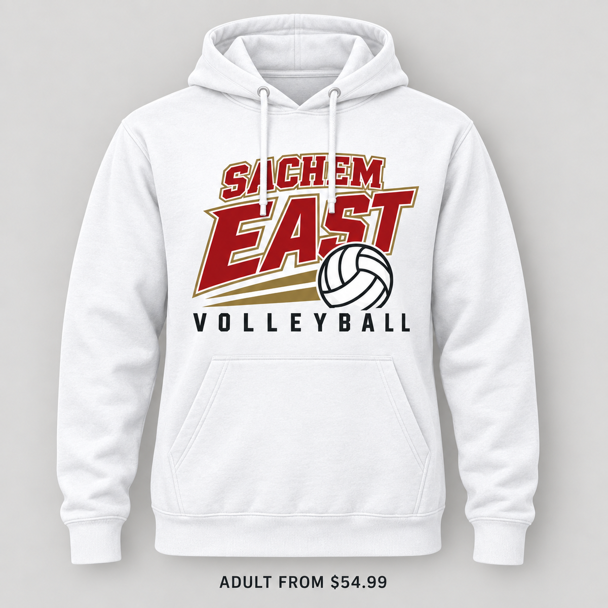 Sachem East Volleyball Court Club Pullover Hoodie in White, front view showing the red-and-gold center-front print