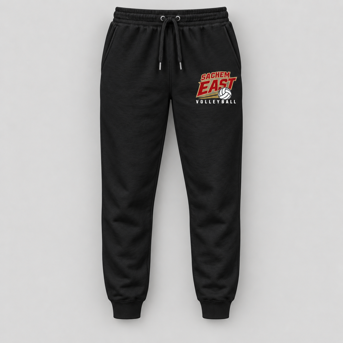 Sachem East Volleyball Court Club Joggers in Black, front view showing the left-thigh volleyball print