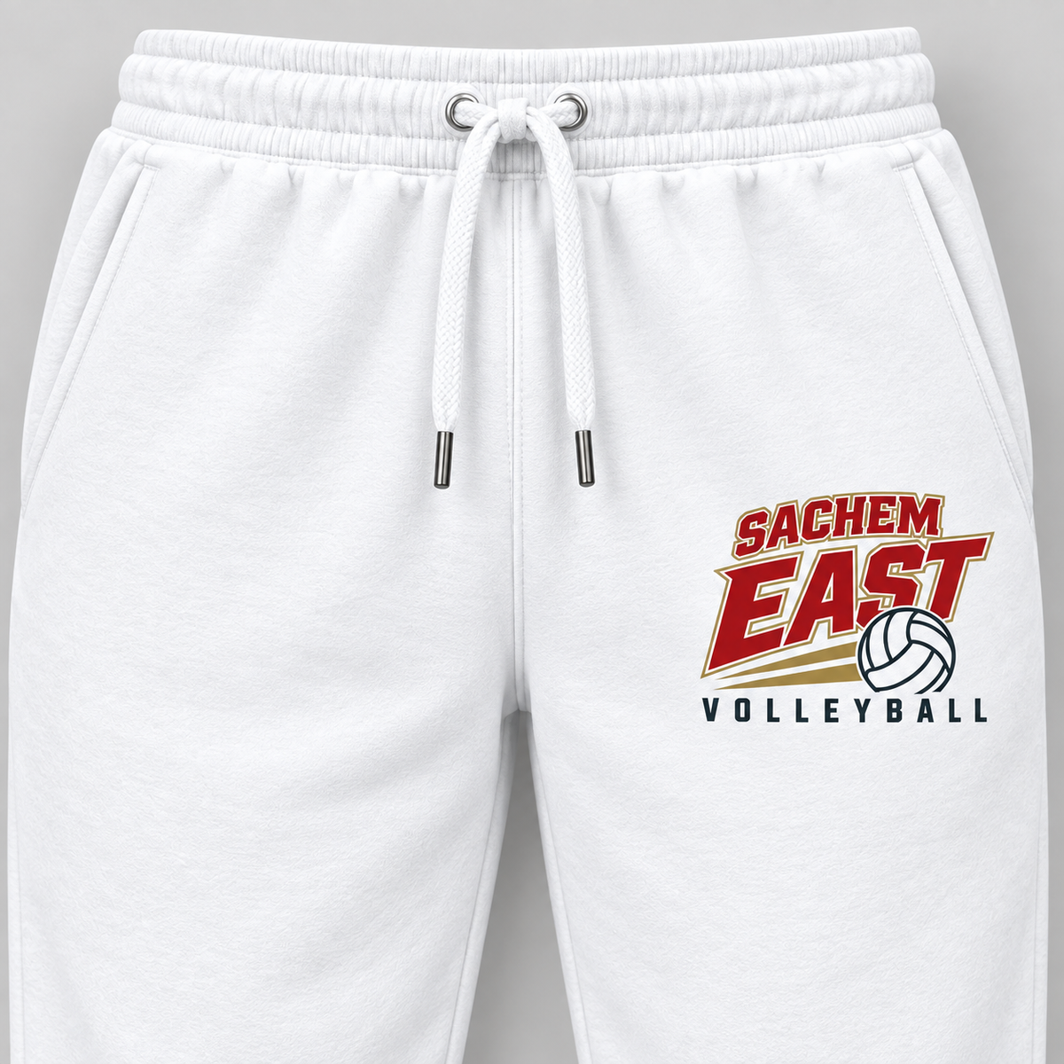 Sachem East Volleyball Court Club Joggers in White, close-up of the red-and-gold left-thigh volleyball print
