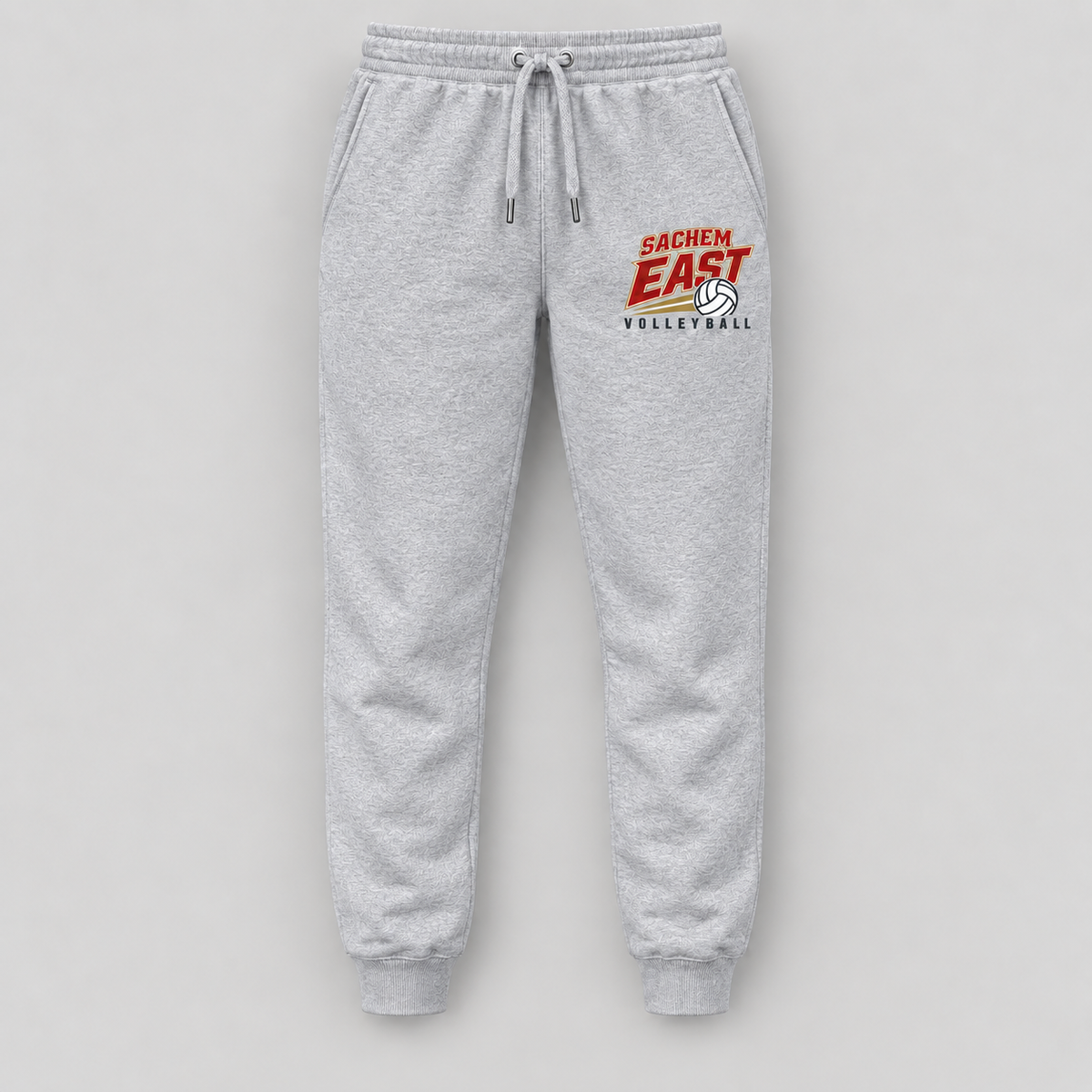 Sachem East Volleyball Court Club Joggers in Heather Gray, front view showing the left-thigh volleyball print