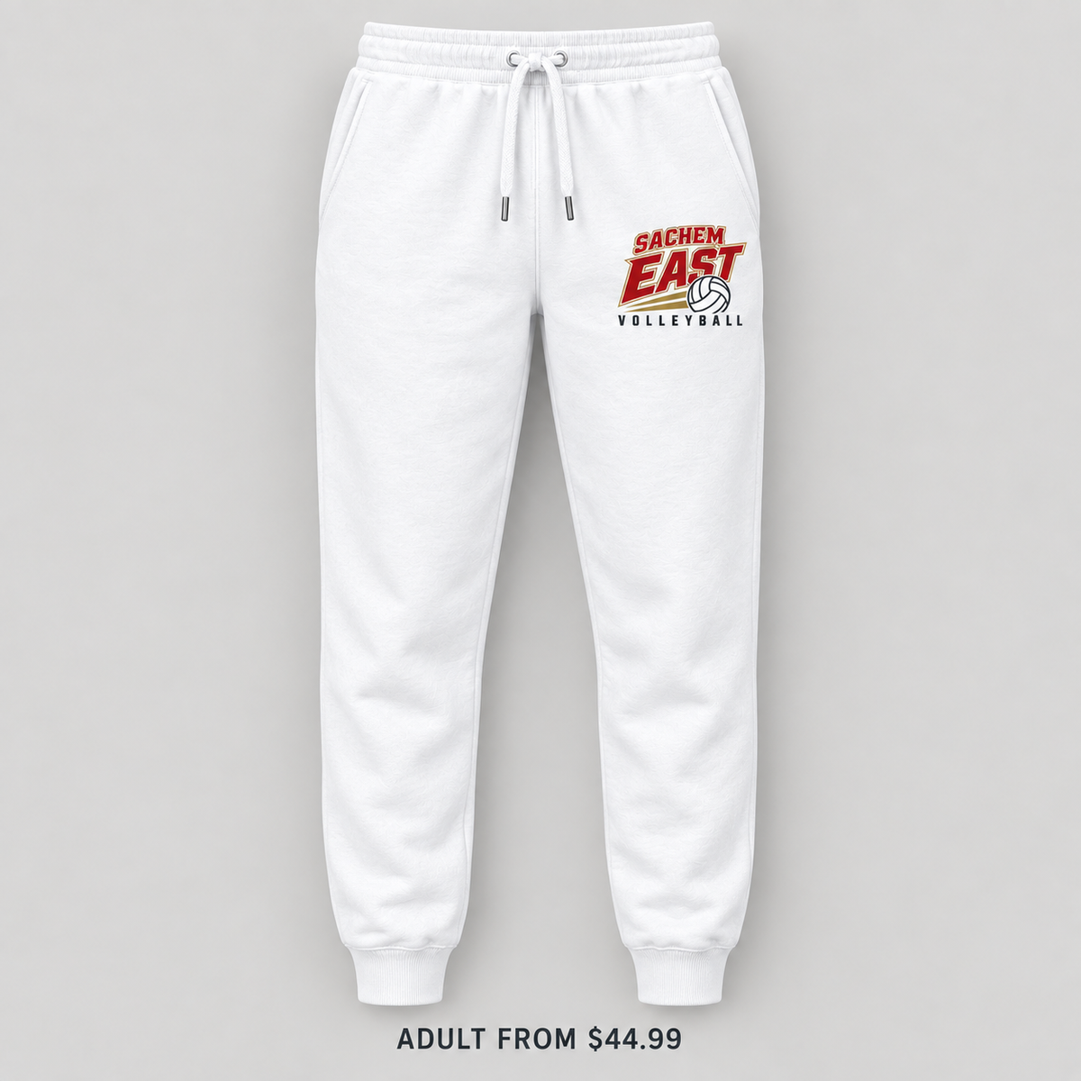 Sachem East Volleyball Court Club Joggers in White, front view showing the red-and-gold left-thigh print