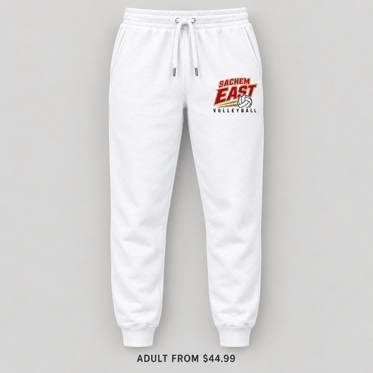 Sachem East Volleyball Court Club Joggers in White, front view showing the red-and-gold left-thigh print
