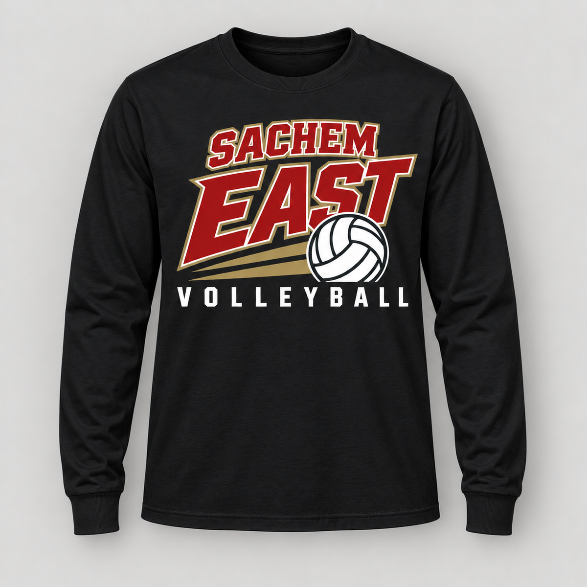 Sachem East Volleyball Court Club Long Sleeve Tee in Black, front view showing the center-front volleyball print