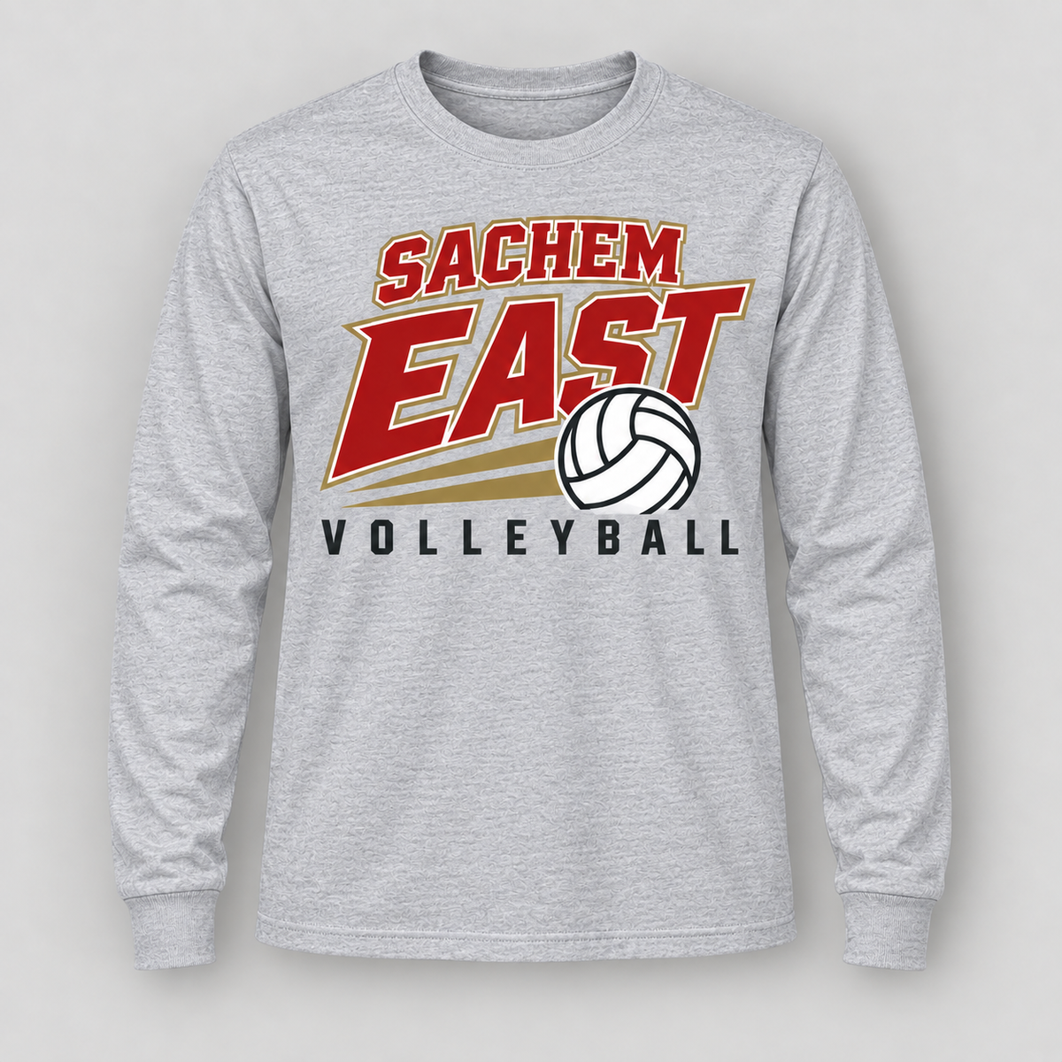Sachem East Volleyball Court Club Long Sleeve Tee in Heather Gray, front view showing the center-front volleyball print