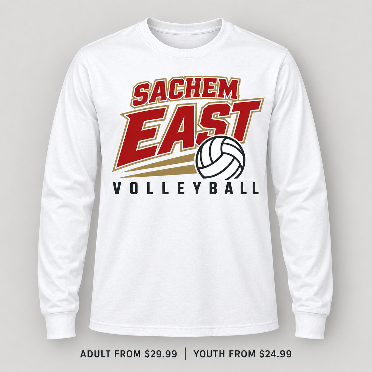 Sachem East Volleyball Court Club Long Sleeve Tee in White, front view showing the red-and-gold center-front print