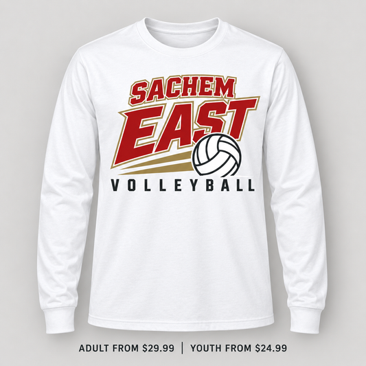 Sachem East Volleyball Court Club Long Sleeve Tee in White, front view showing the red-and-gold center-front print