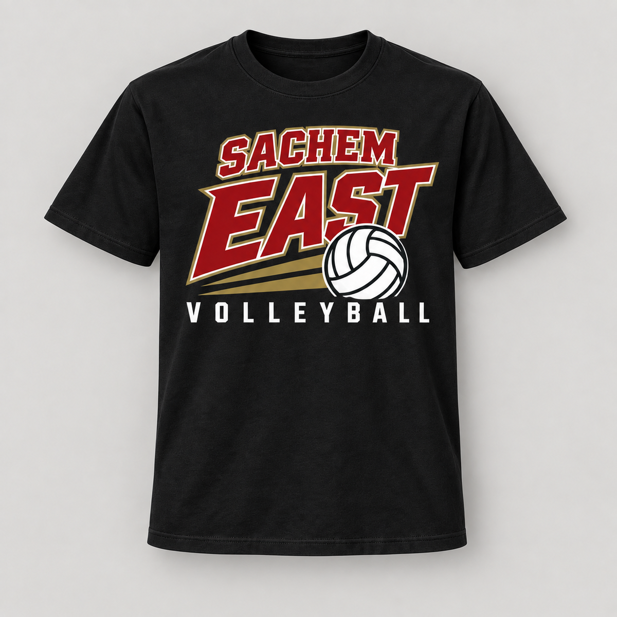 Sachem East Volleyball Court Club Tee in Black, front view showing the center-front volleyball print