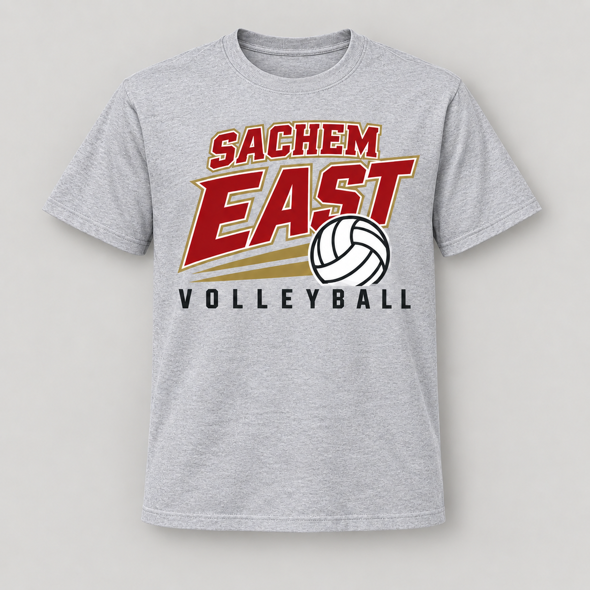 Sachem East Volleyball Court Club Tee in Heather Gray, front view showing the center-front volleyball print