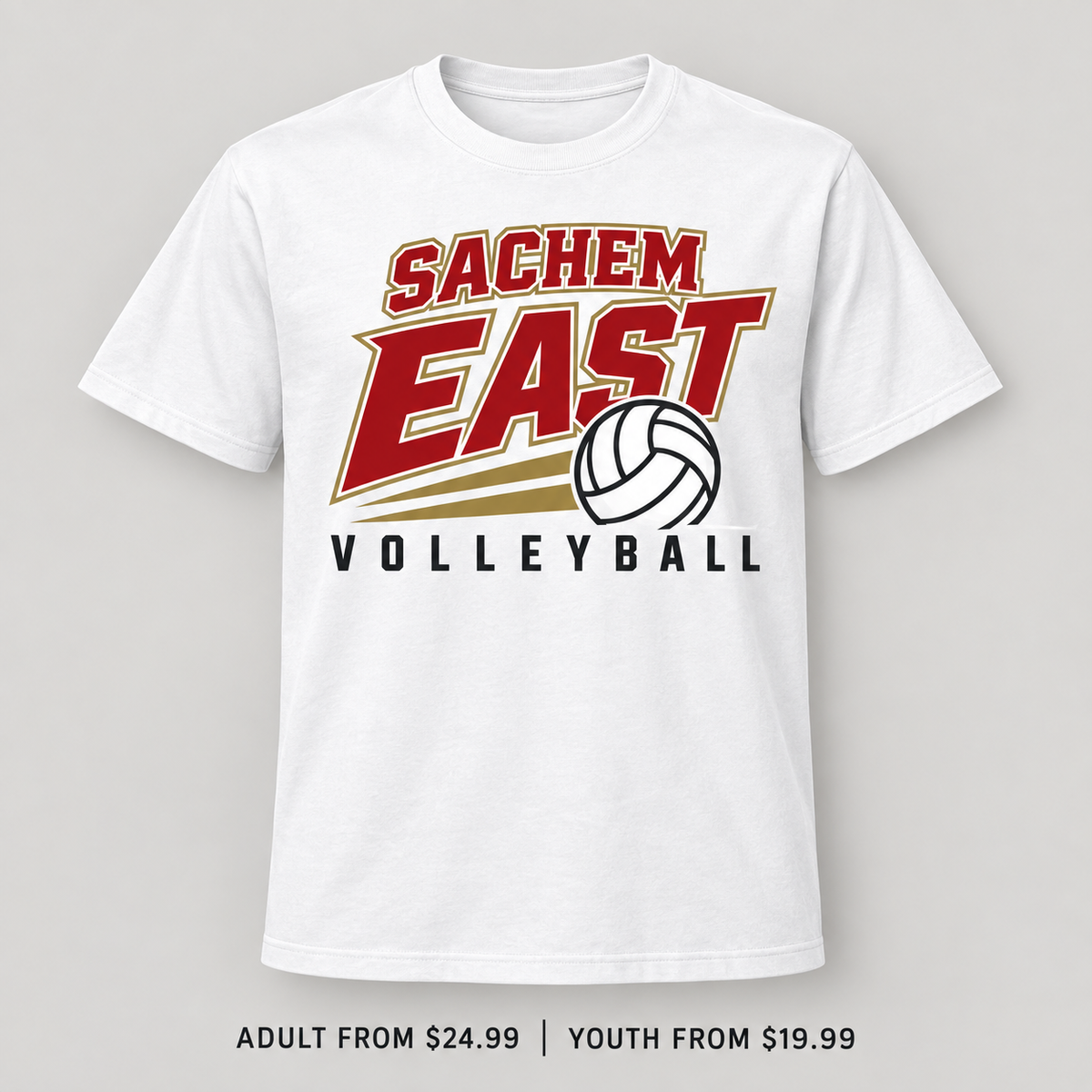 Sachem East Volleyball Court Club Tee in White, front view showing the red-and-gold center-front print