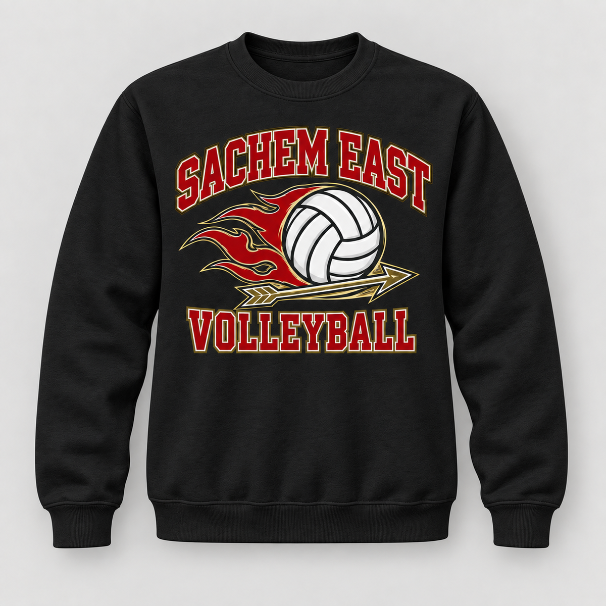 Sachem East Volleyball Flame Serve Crewneck Sweatshirt in Black, front view showing the center-front volleyball print