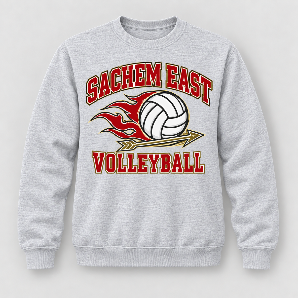 Sachem East Volleyball Flame Serve Crewneck Sweatshirt in Heather Gray, front view showing the center-front volleyball print