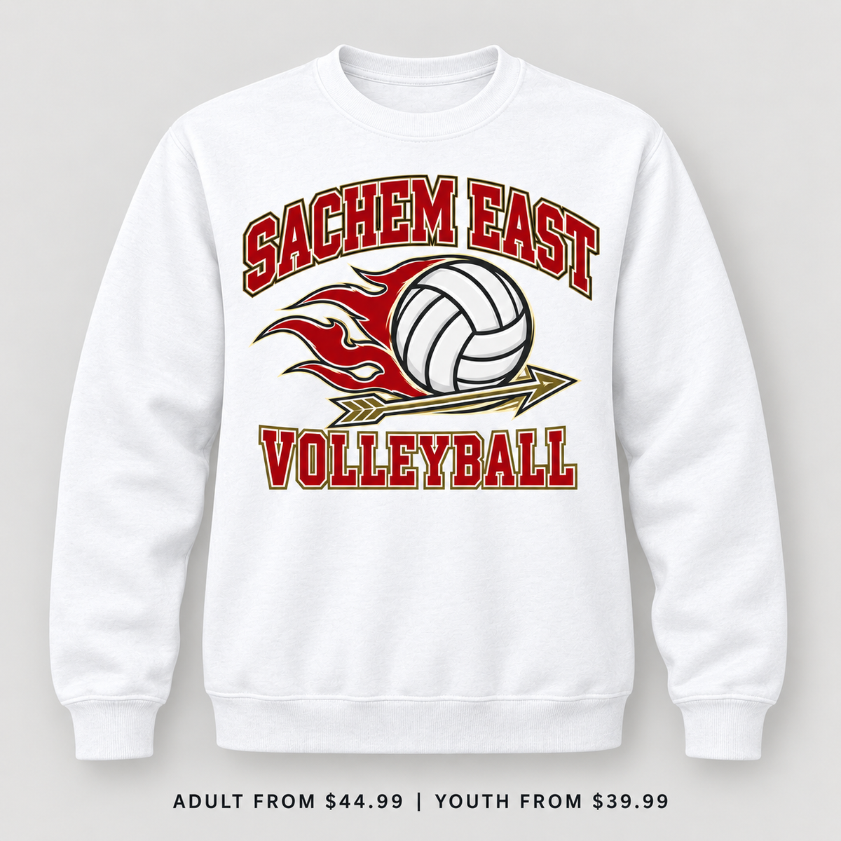 Sachem East Volleyball Flame Serve Crewneck Sweatshirt in White, front view showing the red-and-gold center-front print