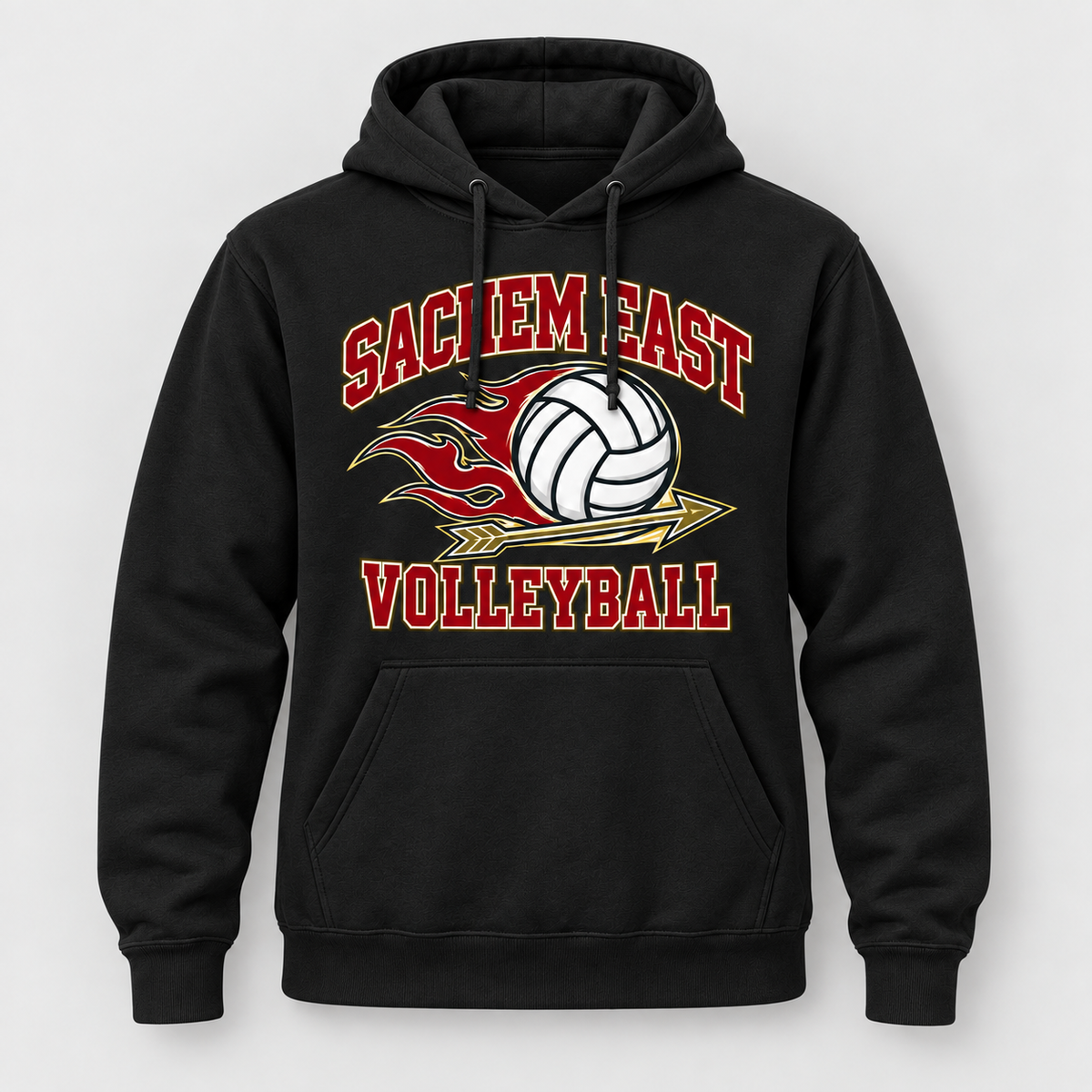 Sachem East Volleyball Flame Serve Pullover Hoodie in Black, front view showing the center-front volleyball print