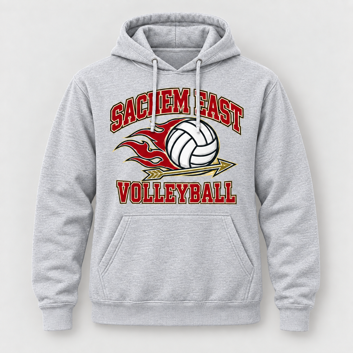 Sachem East Volleyball Flame Serve Pullover Hoodie in Heather Gray, front view showing the center-front volleyball print