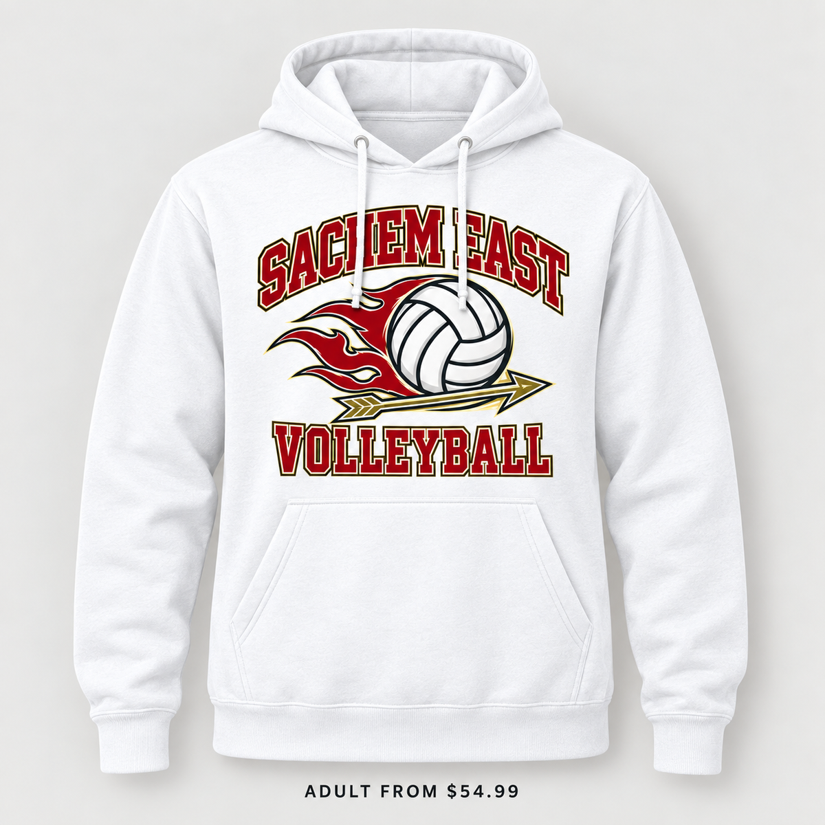 Sachem East Volleyball Flame Serve Pullover Hoodie in White, front view showing the red-and-gold center-front print
