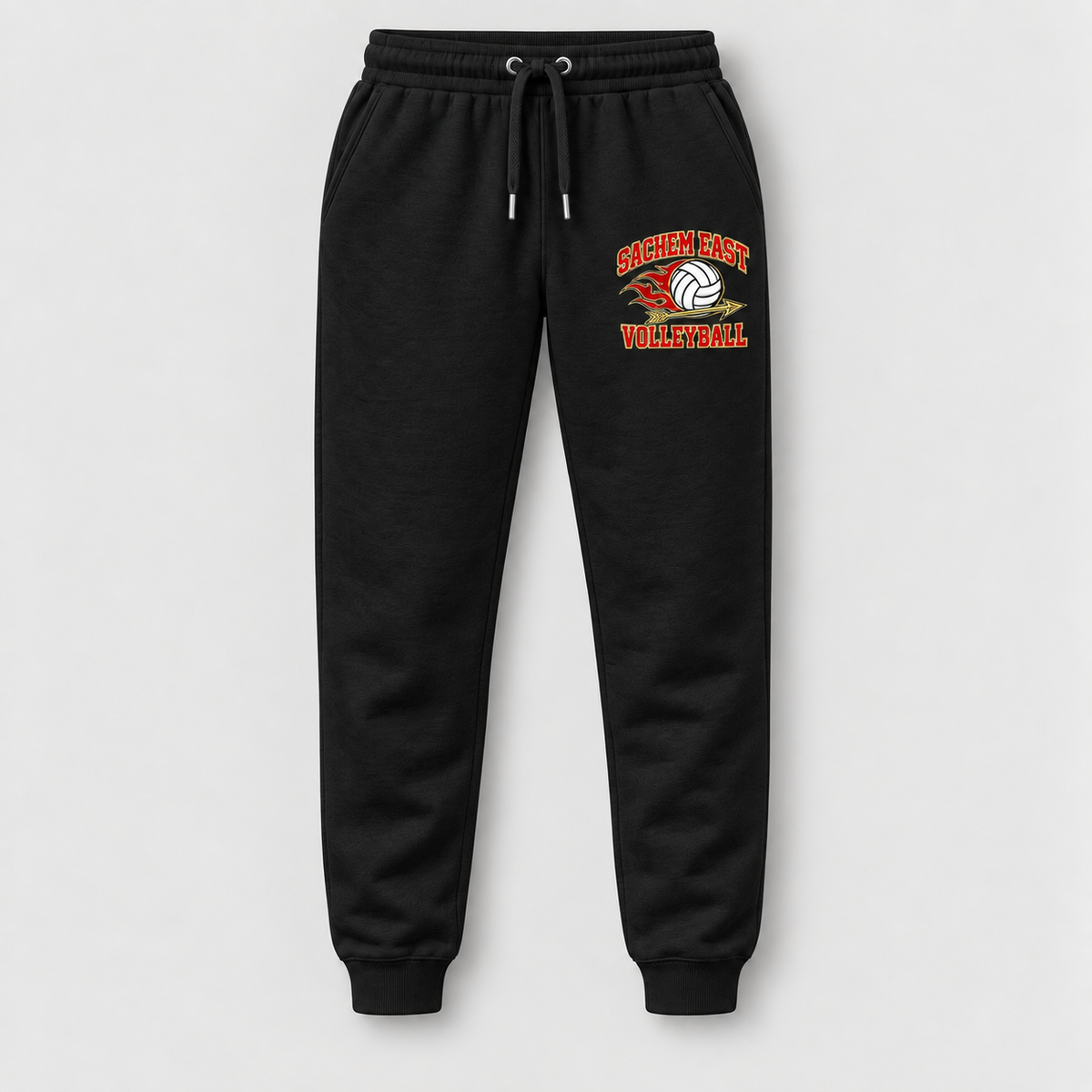 Sachem East Volleyball Flame Serve Joggers in Black, front view showing the left-thigh volleyball print