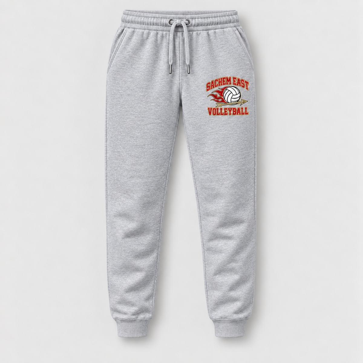Sachem East Volleyball Flame Serve Joggers in Heather Gray, front view showing the left-thigh volleyball print