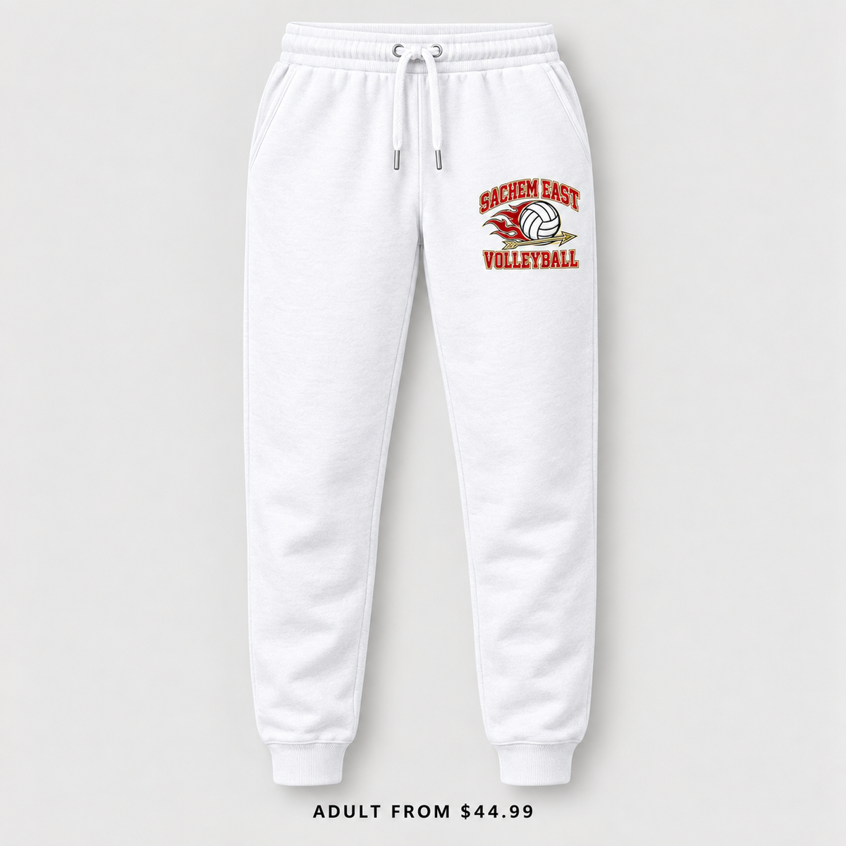 Sachem East Volleyball Flame Serve Joggers in White, front view showing the red-and-gold left-thigh print