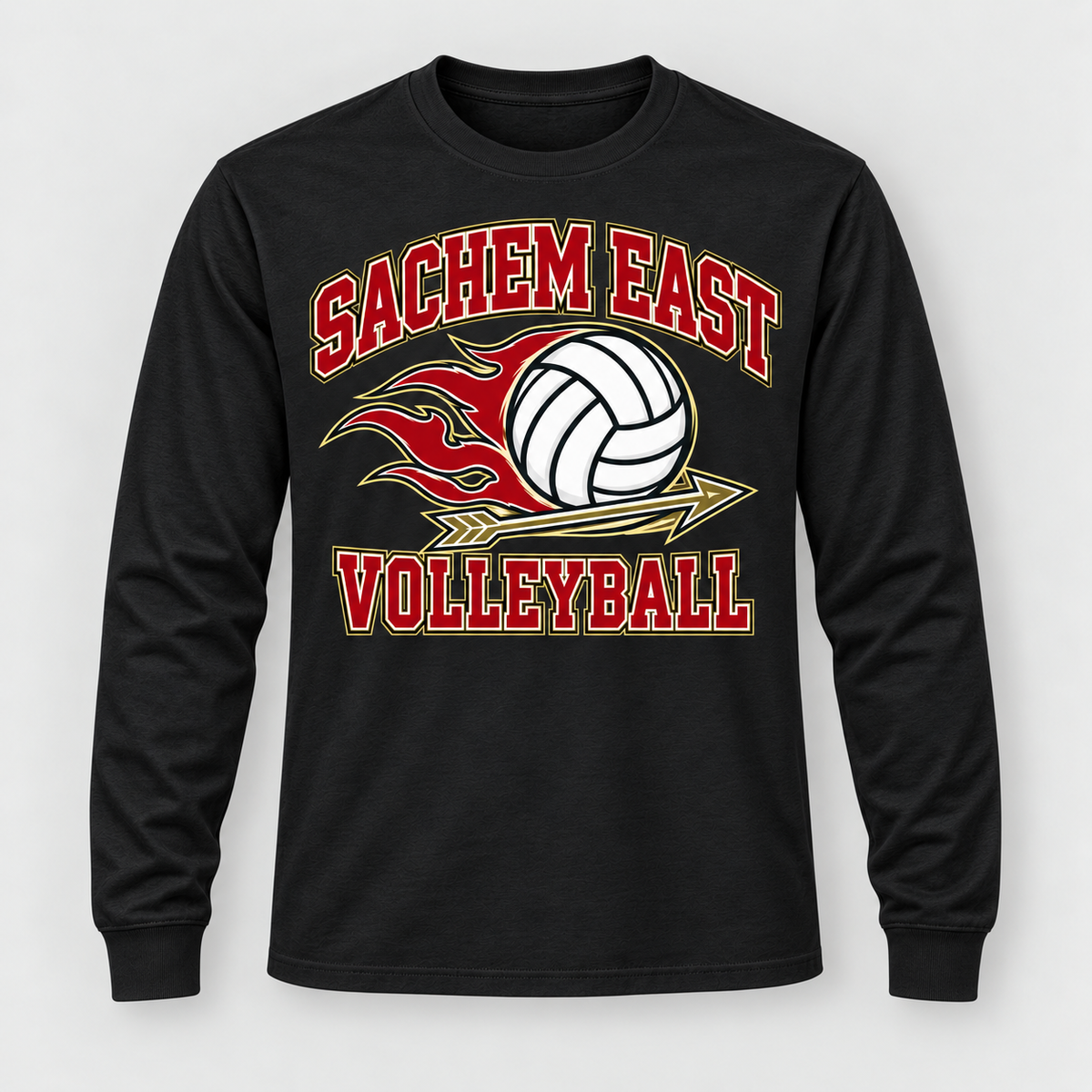 Sachem East Volleyball Flame Serve Long Sleeve Tee in Black, front view showing the center-front volleyball print