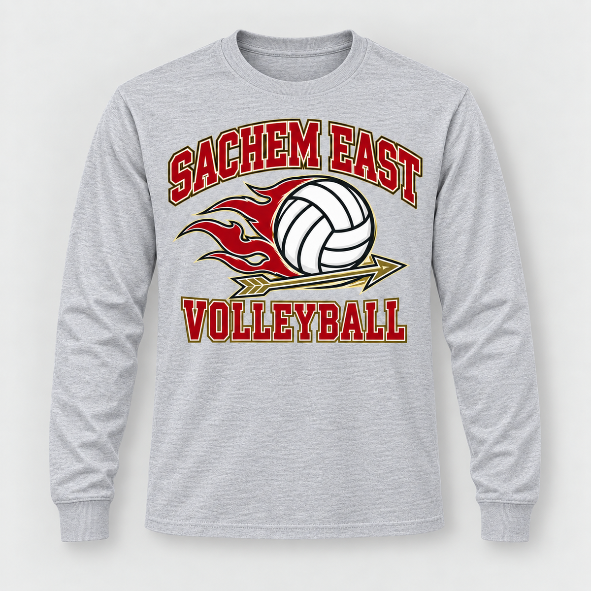 Sachem East Volleyball Flame Serve Long Sleeve Tee in Heather Gray, front view showing the center-front volleyball print
