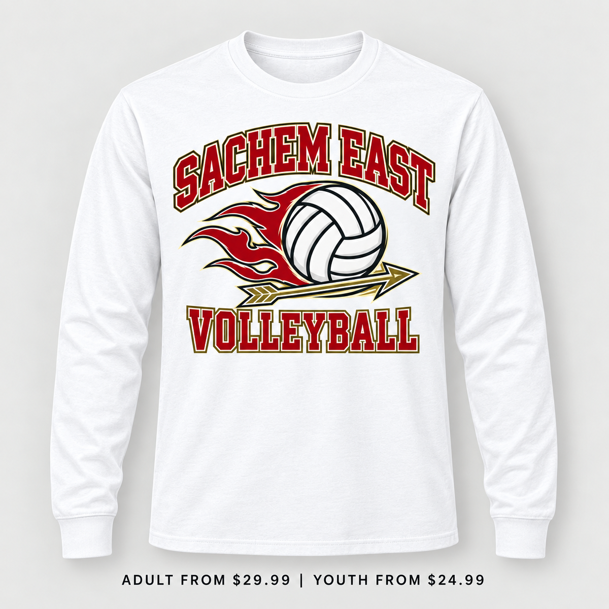 Sachem East Volleyball Flame Serve Long Sleeve Tee in White, front view showing the red-and-gold center-front print
