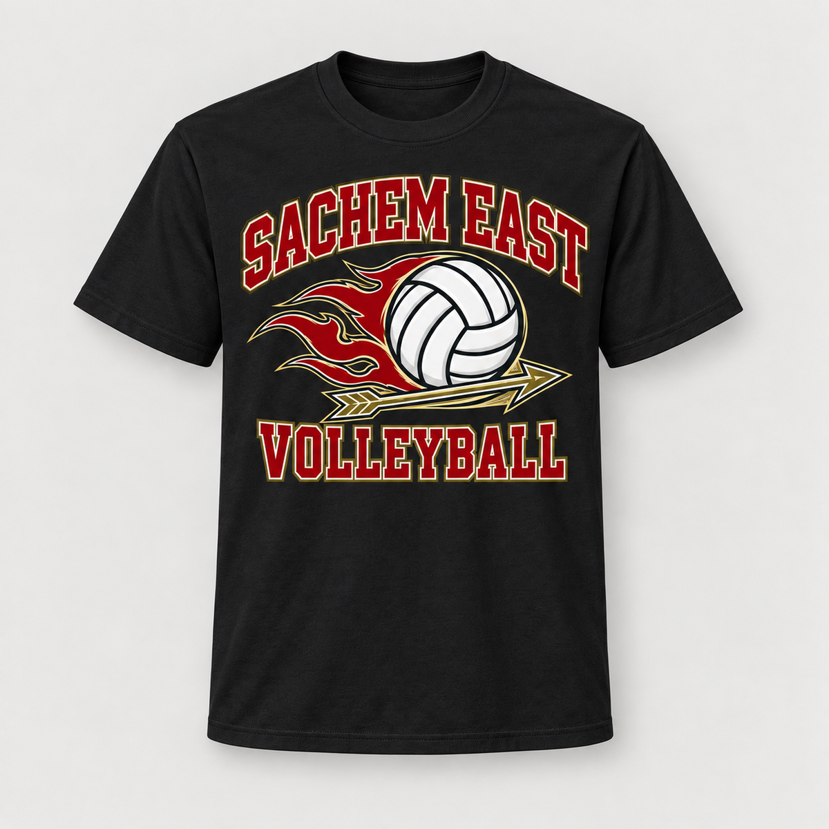Sachem East Volleyball Flame Serve Tee in Black, front view showing the center-front volleyball print