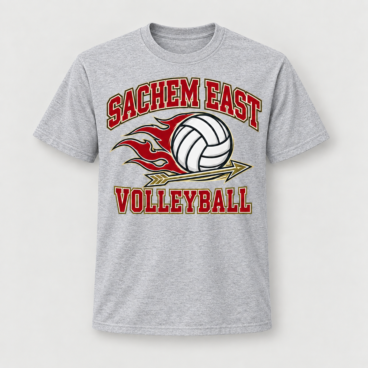 Sachem East Volleyball Flame Serve Tee in Heather Gray, front view showing the center-front volleyball print