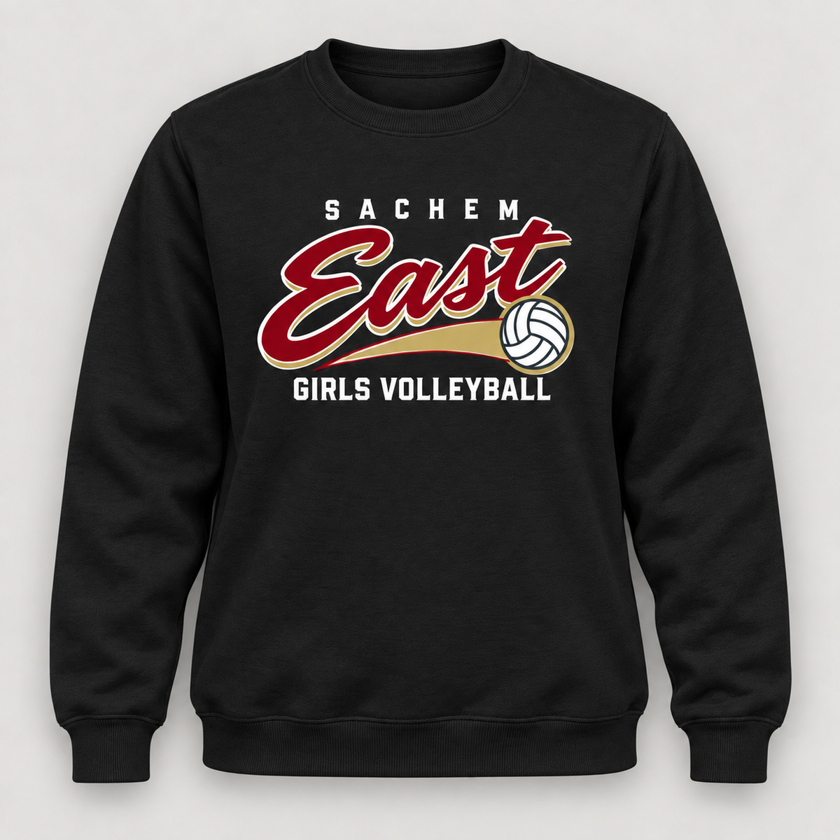 Sachem East Girls Volleyball Rally Script Crewneck Sweatshirt in Black, front view showing the center-front volleyball print