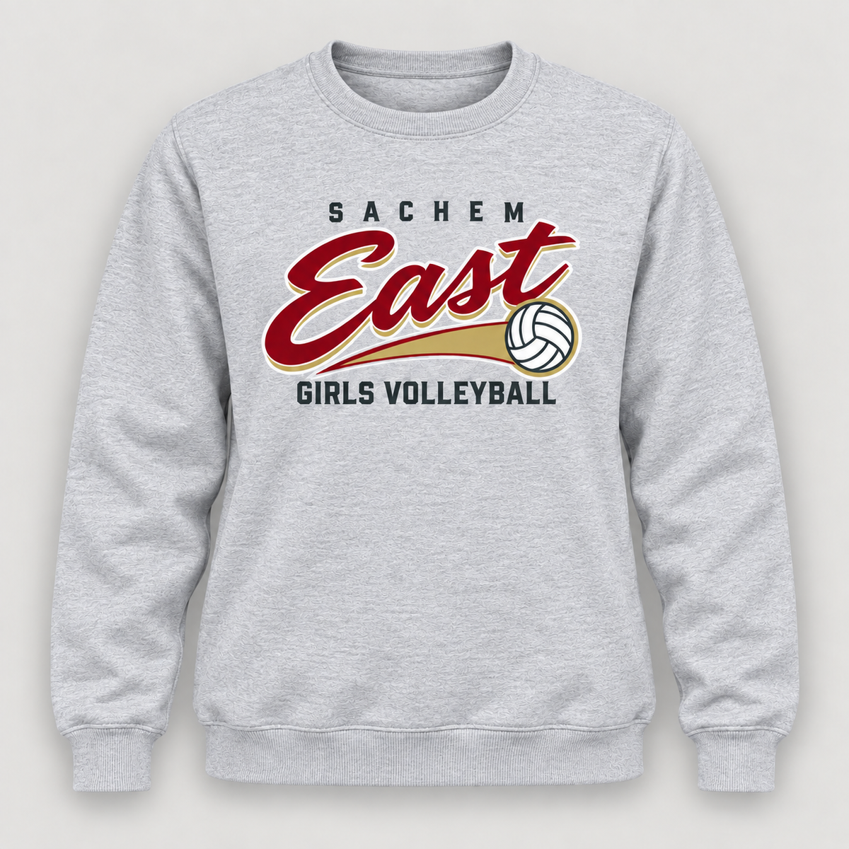 Sachem East Girls Volleyball Rally Script Crewneck Sweatshirt in Heather Gray, front view showing the center-front volleyball print