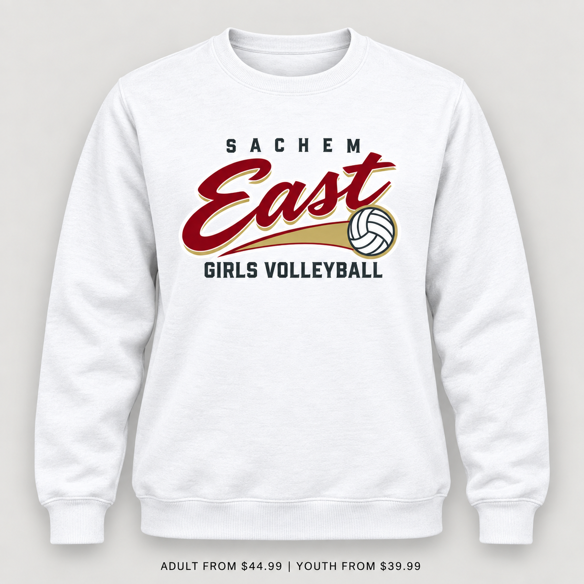 Sachem East Girls Volleyball Rally Script Crewneck Sweatshirt in White, front view showing the red-and-gold center-front print