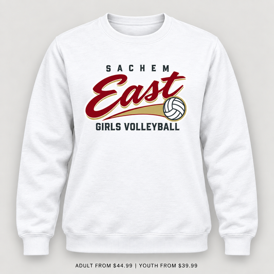 Sachem East Girls Volleyball Rally Script Crewneck Sweatshirt in White, front view showing the red-and-gold center-front print