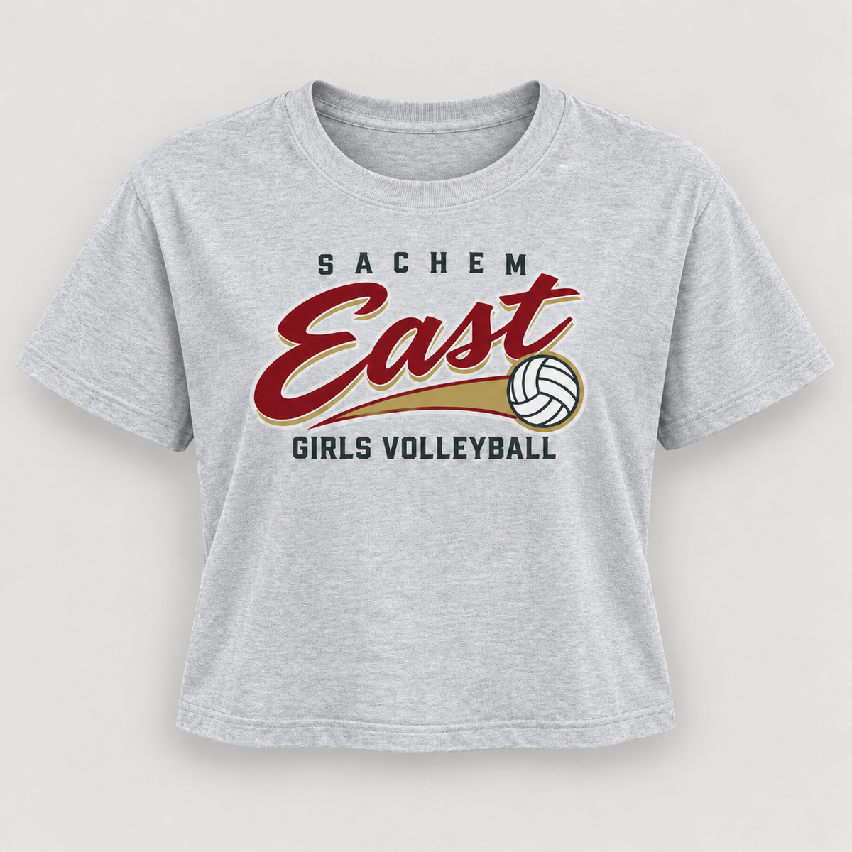 Sachem East Girls Volleyball Rally Script Women's Crop Tee in Heather Gray, front view showing the center-front volleyball print